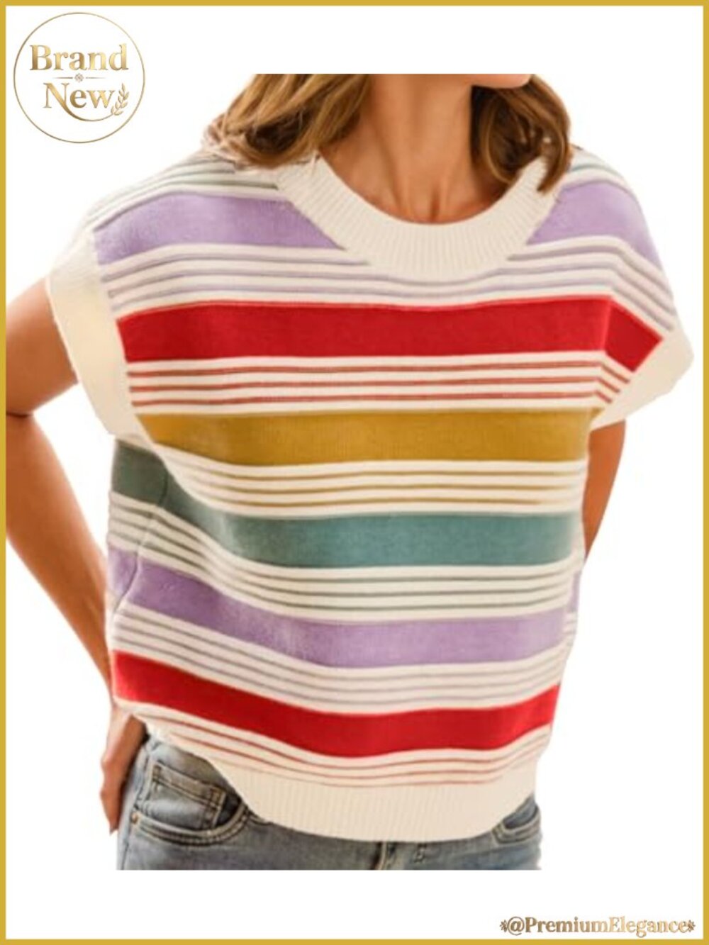 Women's Striped Cap Sleeve Sweater Vest Color Block Knit Tank Top